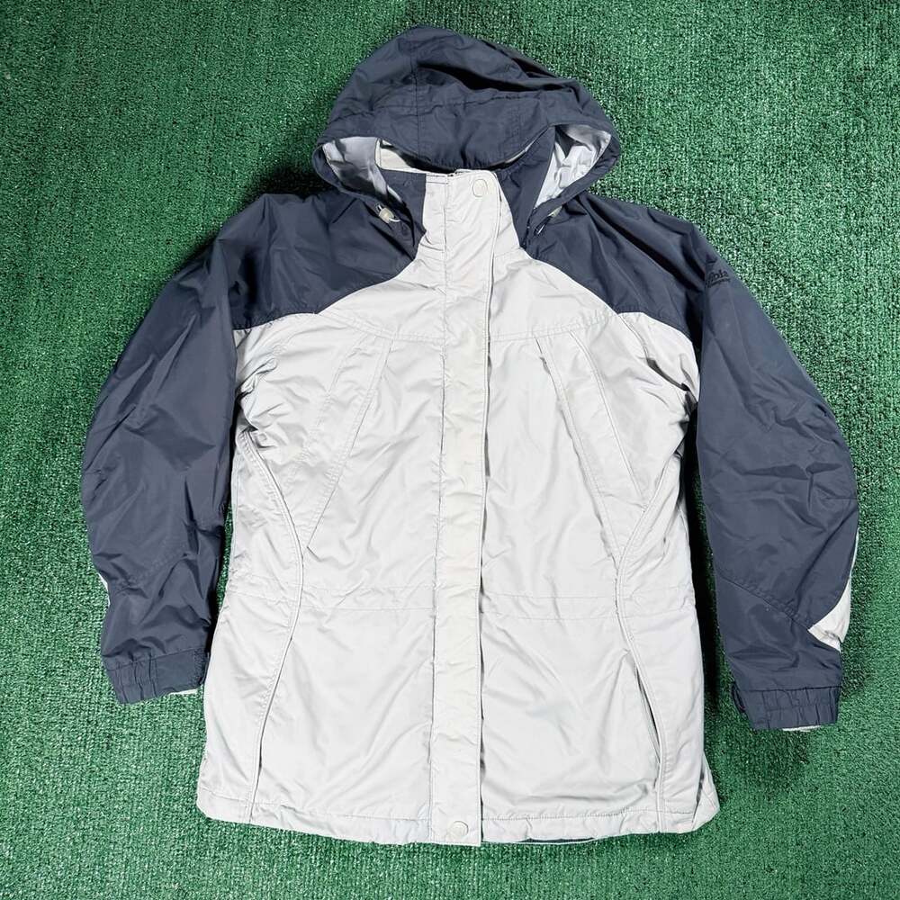 Vintage Columbia Women's Light Grey and Navy Hooded Jacket Size Small
